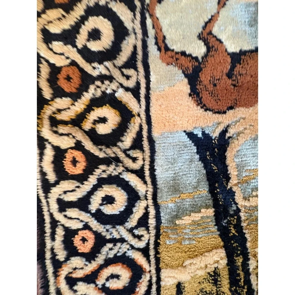 Vtg Velvet Deer Tapestry Wall Hanging Rug Buck Doe Winter Forest Scene 70 x 47" - Picture 8 of 16
